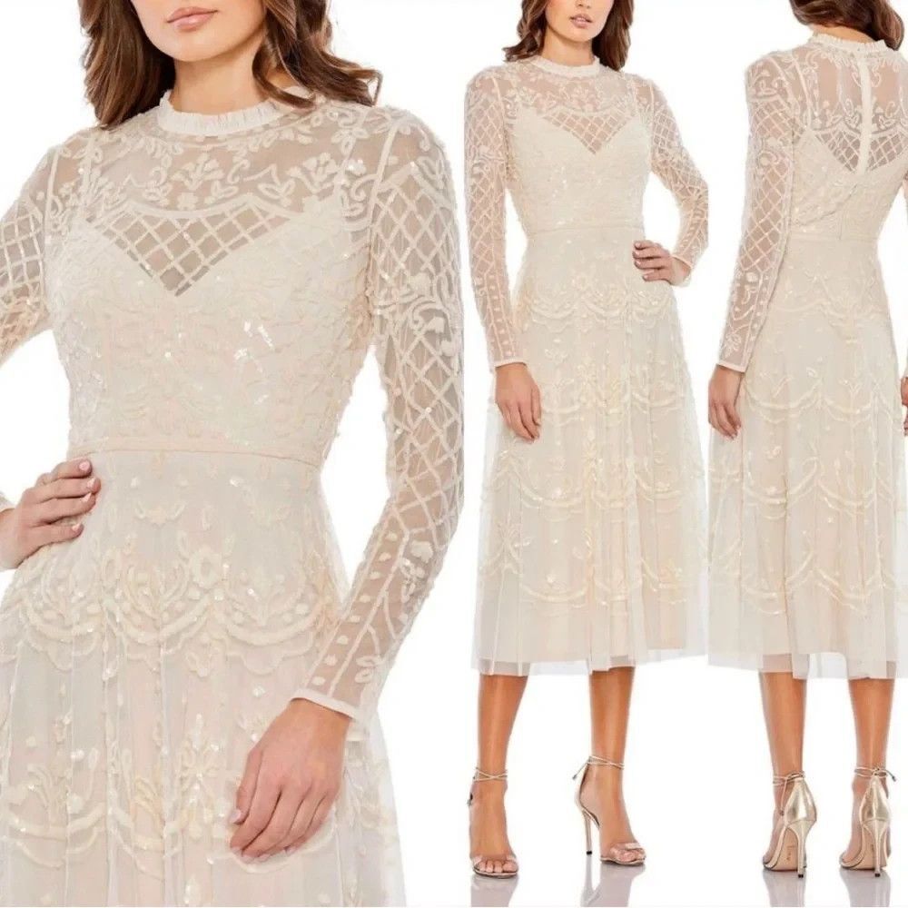 Mac Duggal Sequined Illusion Midi High Neck Long Sleeve Dress Nude 9142 SZ 2